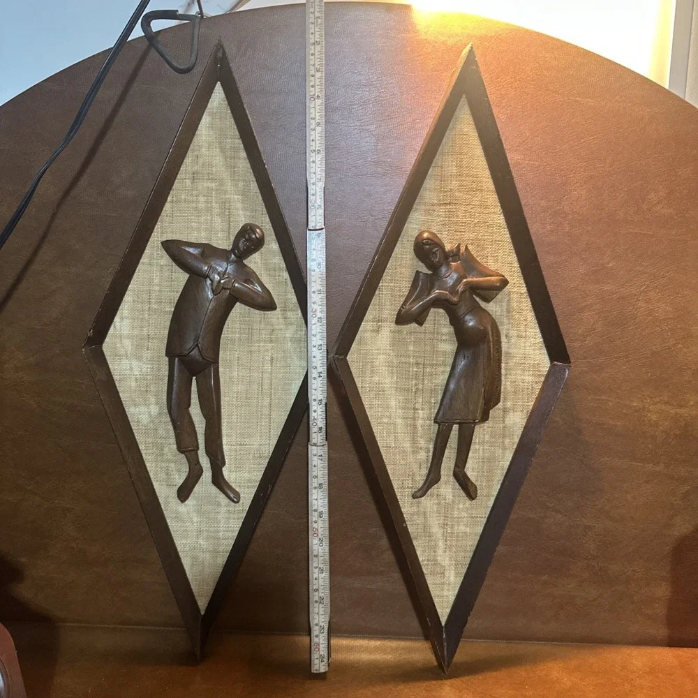 Vintage Mid Century Style Carved Wall Art Burlap Teak Wood 24